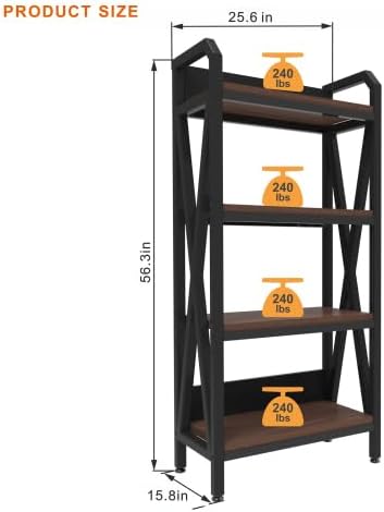 4 Tier Plant Rack, Metal Frame Wood Shelf, Black Industrial Wind, Universal Outdoor Indoor Use, Size 25.6 x 15.8 x 56.3 Inch, Weight Capacity 240 lbs