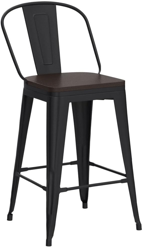Aklaus Metal Bar Stools Set of 4,24 inch Barstools Counter Height BarStools with Backs Farmhouse Bar Stools with Larger seat High Back Kitchen Dining Chairs Modern Bar Chairs Matte Black Stool