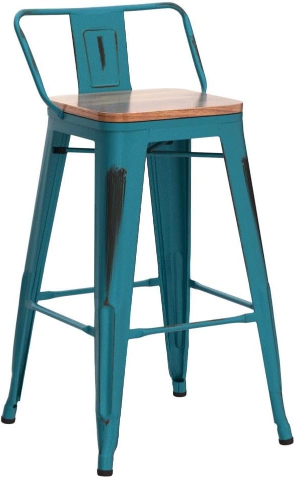 Alunaune 26" Metal Bar Stools Set of 4 Industrial Counter Height Barstools Kitchen Counter Stool Modern Wood Seat-Distressed Teal
