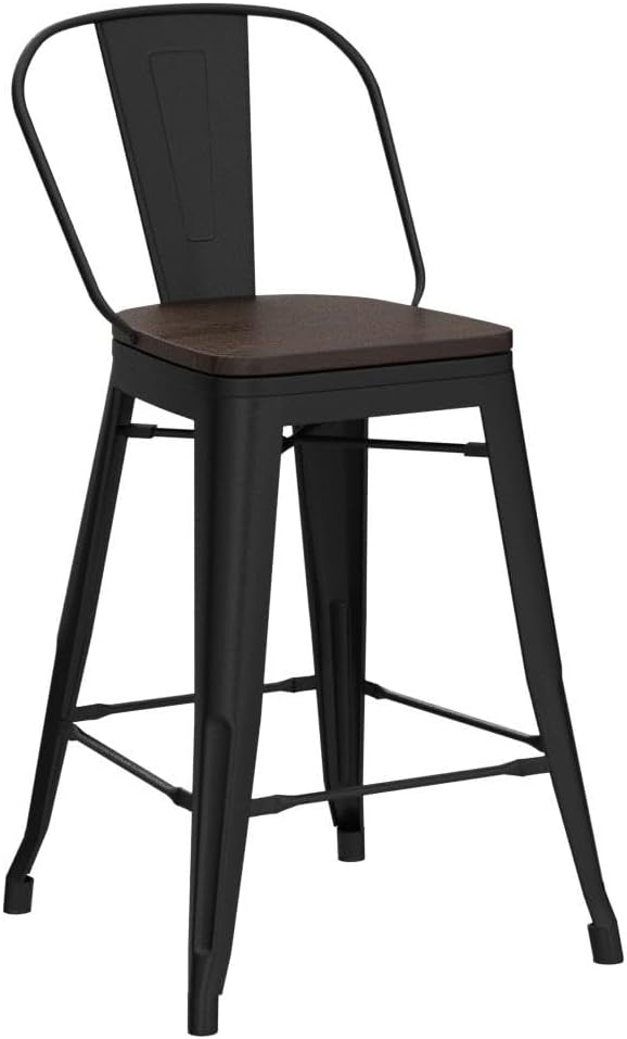 26 inch Bar Stools Set of 4, Black Metal High Back Counter Height Barstools with Large Wooden Seat Modern Farmhouse Kitchen Bar Chairs