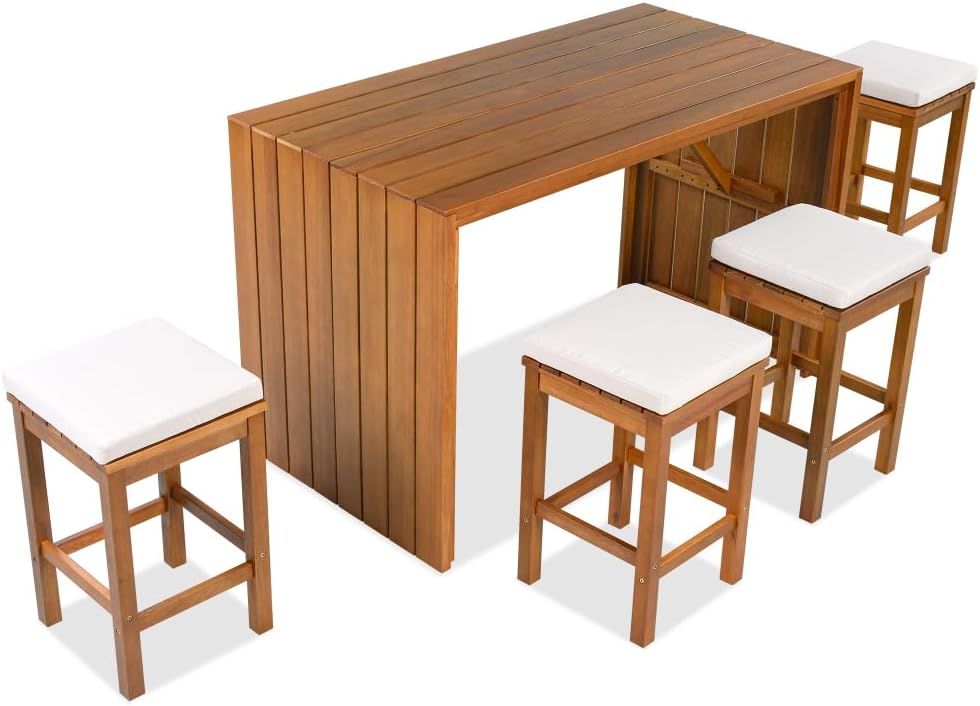 5-Piece Acacia Wood Patio Bar Table Set with 4 Beige Cushioned Stools