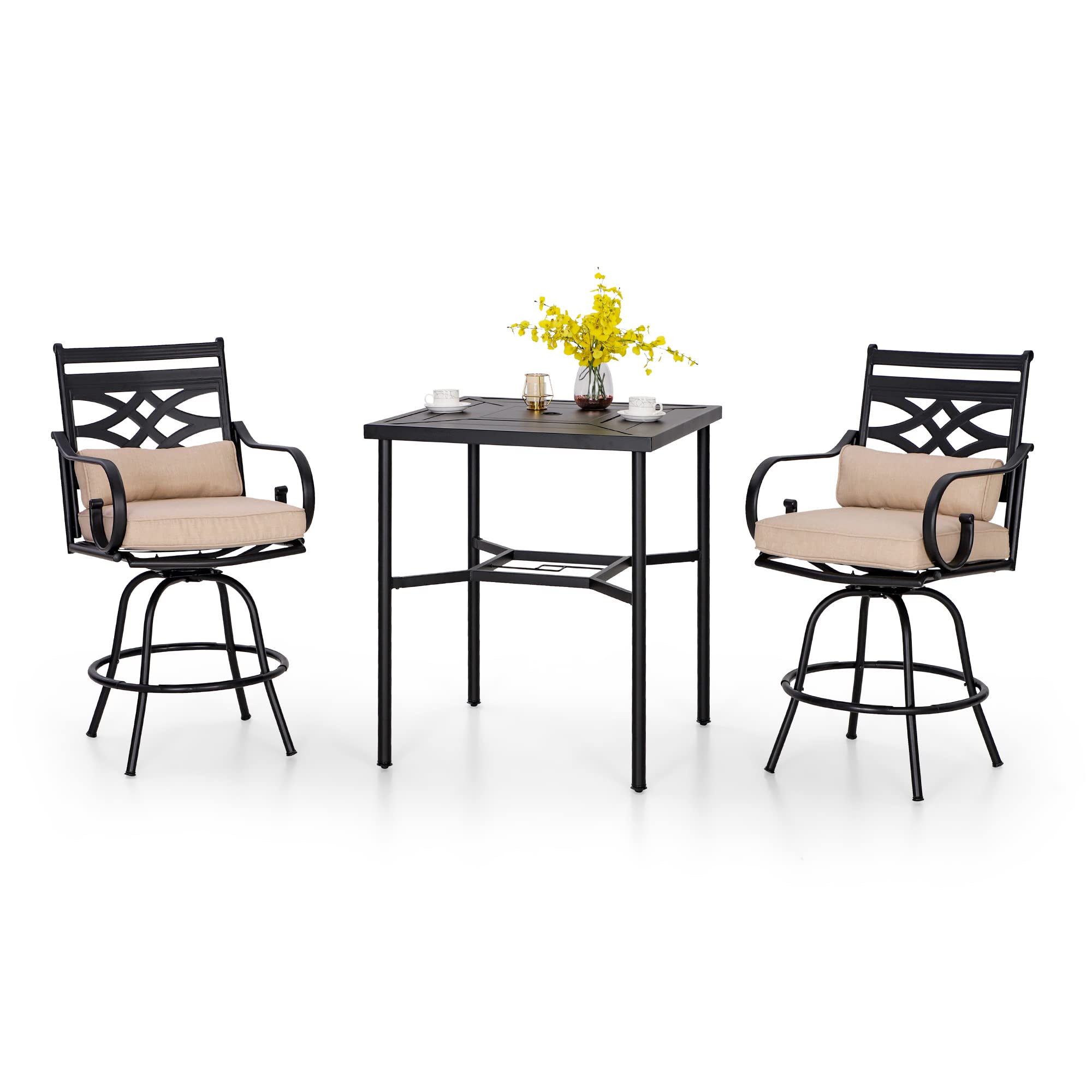 PHI VILLA 7 Piece Outdoor Bar Set, Counter Height Patio Bar Furniture Rectangle Dining Table and 6 Swivel Bar Stools Chairs with Brown Textilene Fabric for Garden,Yard and Deck