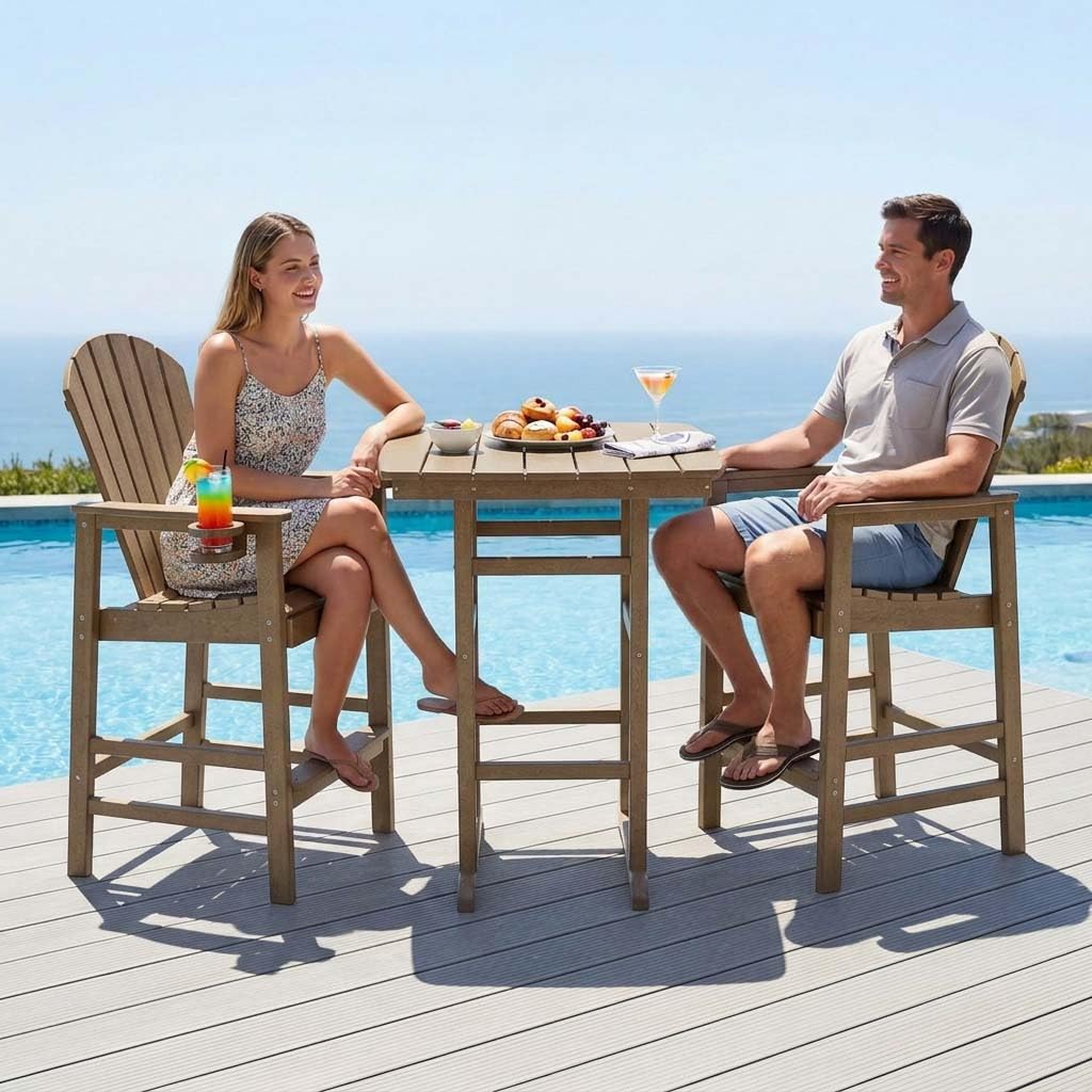 WILLIAMSPACE Patio Bar Table Set of 5, Outdoor Wicker Height Bar Table & 4 Chairs with Cushions & Wood Tabletop, Bistro Set for Backyards Porches (Brown+Grey)