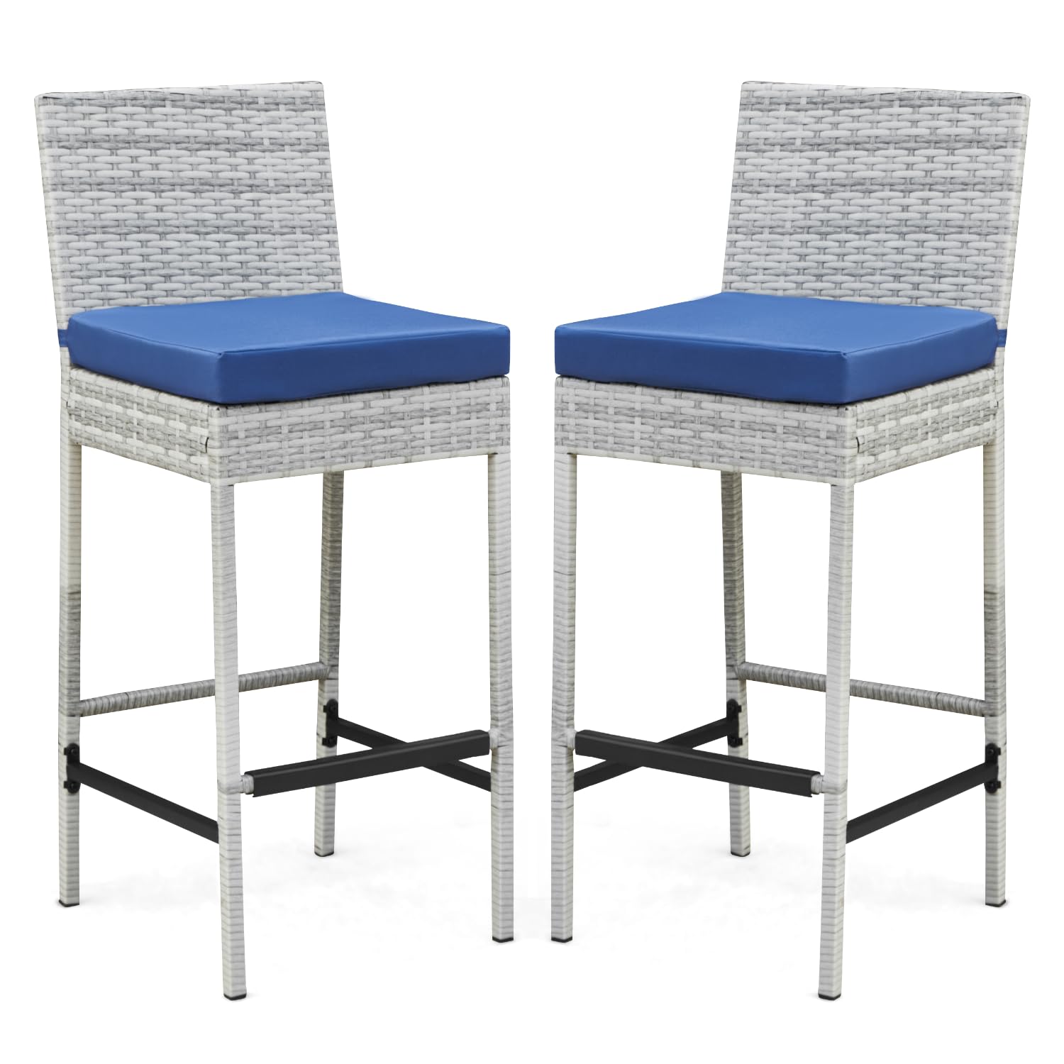 ECOTOUGE Rattan Bar Stools Set of 2, Outdoor Wicker Barstools Counter Height with Cushion for Lawn, Balcony, Garden, Black