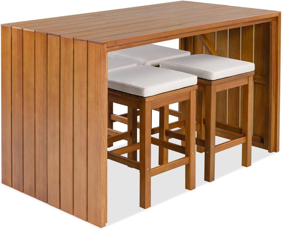 5-Piece Acacia Wood Patio Bar Table Set with 4 Beige Cushioned Stools