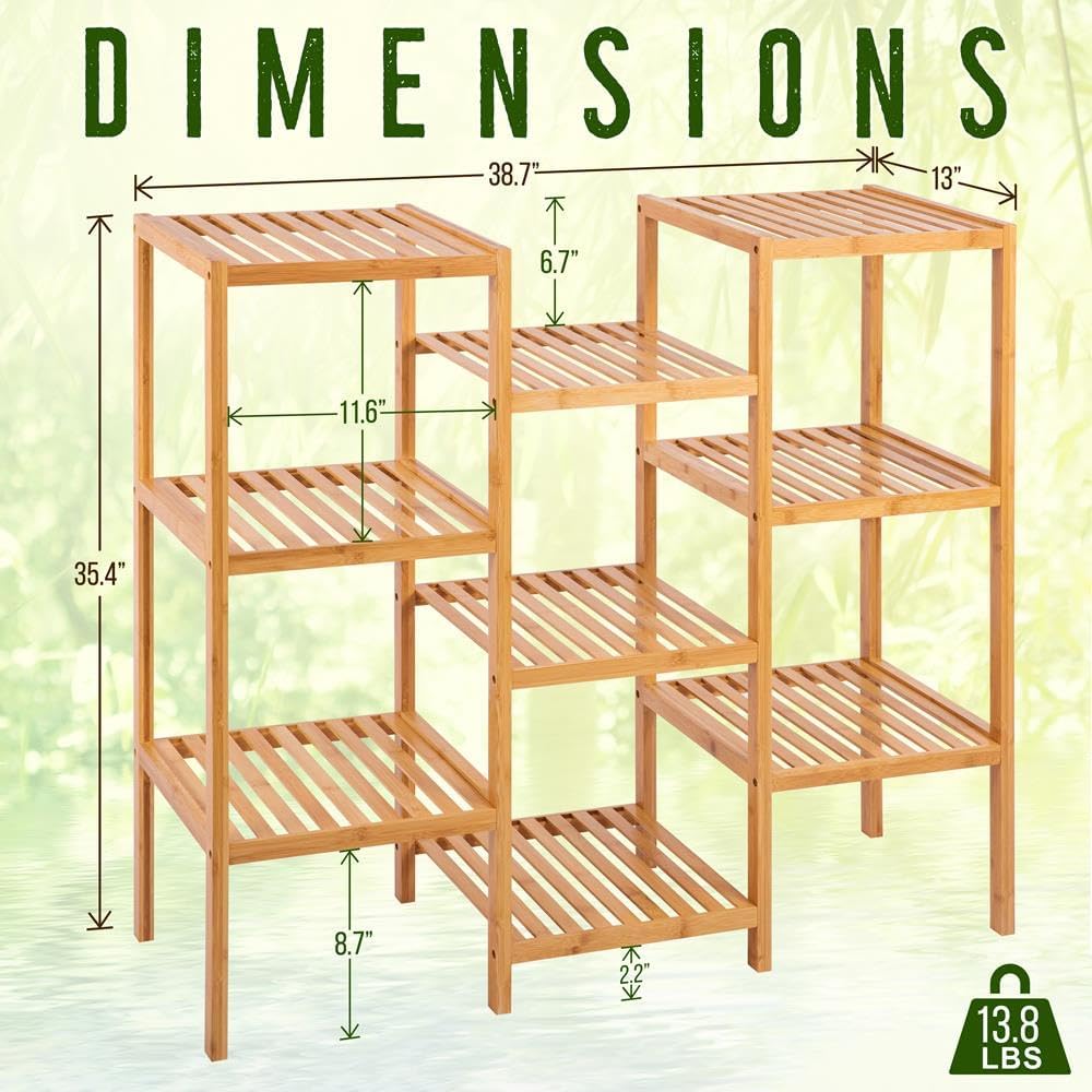 SereneLife Bamboo 9 Tier Plant Stand-Free Standing Storage Shelves for Multiple Potted Plants,Corner Shelf House Accessories Indoor and Outdoor Use,Tall Wood Holder For Backyard,Balcony, Patio,Garden