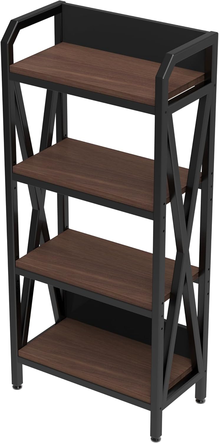 4 Tier Plant Rack, Metal Frame Wood Shelf, Black Industrial Wind, Universal Outdoor Indoor Use, Size 25.6 x 15.8 x 56.3 Inch, Weight Capacity 240 lbs