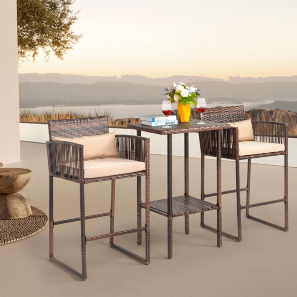 Outdoor 3 Piece Patio Bar Set, Bar Height Bistro Table Set for 2 People, High Top Wicker Bar Stools and Table Outdoor Bar Set with Cushions and Pillows, Brown Gradient Rattan & Beige Cushion