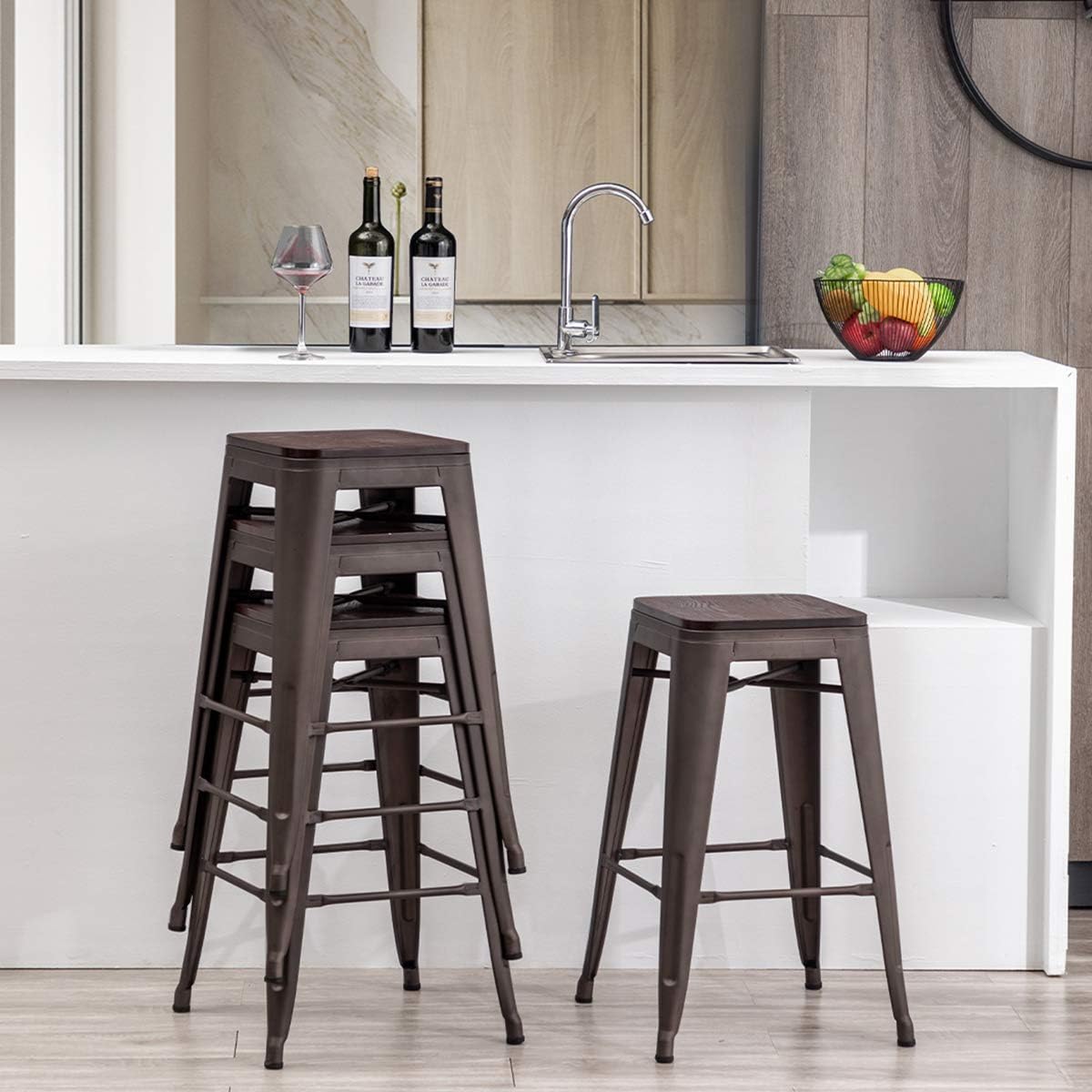 Alunaune 26" Metal Counter Height Bar Stools Set of 4 Backless Stackable Industrial Kitchen Patio Stool Bar Chairs with Wooden Seat-Rusty