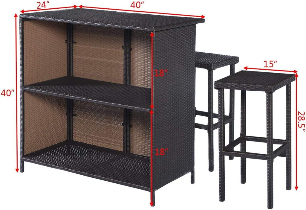 ReunionG Outdoor Bar Rattan Set 3-Piece Wicker Bar Stools & Table with 2 Storage Shelves for Lawn Pool Backyard Garden