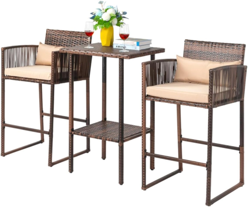 Outdoor 3 Piece Patio Bar Set, Bar Height Bistro Table Set for 2 People, High Top Wicker Bar Stools and Table Outdoor Bar Set with Cushions and Pillows, Brown Gradient Rattan & Beige Cushion