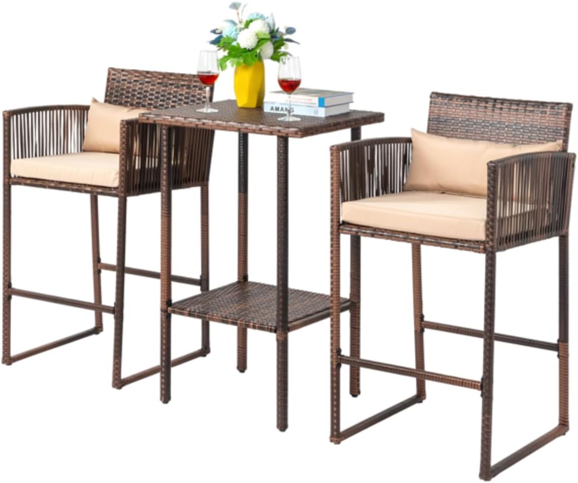 Outdoor 3 Piece Patio Bar Set, Bar Height Bistro Table Set for 2 People, High Top Wicker Bar Stools and Table Outdoor Bar Set with Cushions and Pillows, Brown Gradient Rattan & Beige Cushion