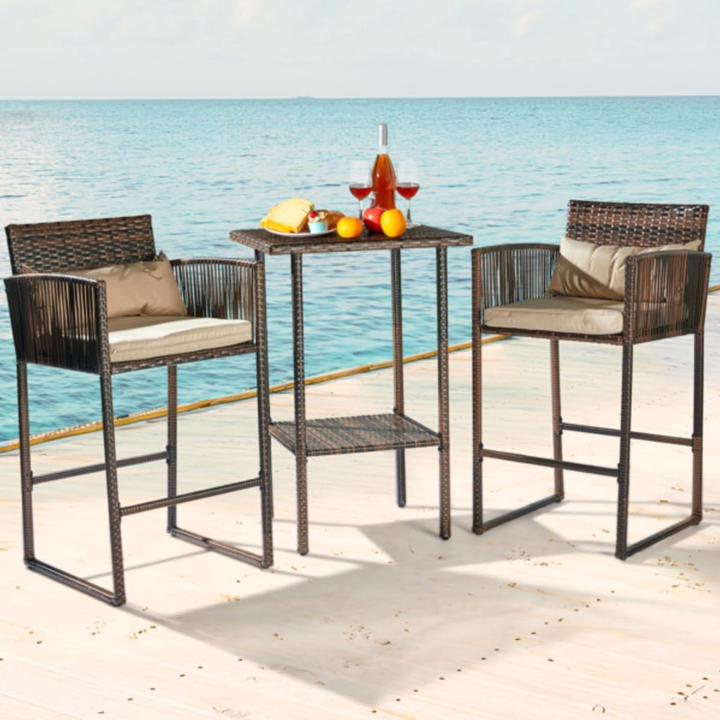 Outdoor 3 Piece Patio Bar Set, Bar Height Bistro Table Set for 2 People, High Top Wicker Bar Stools and Table Outdoor Bar Set with Cushions and Pillows, Brown Gradient Rattan & Beige Cushion