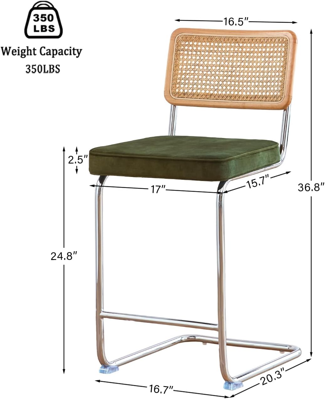 GrandNoor Natural Rattan Bar Stools Set of 2 with Solid Wood Back, 24 Inch Mid Century Modern Counter Height Stools, Green Upholstery Boho Stool for Kitchen Counter with Chrome Metal Legs