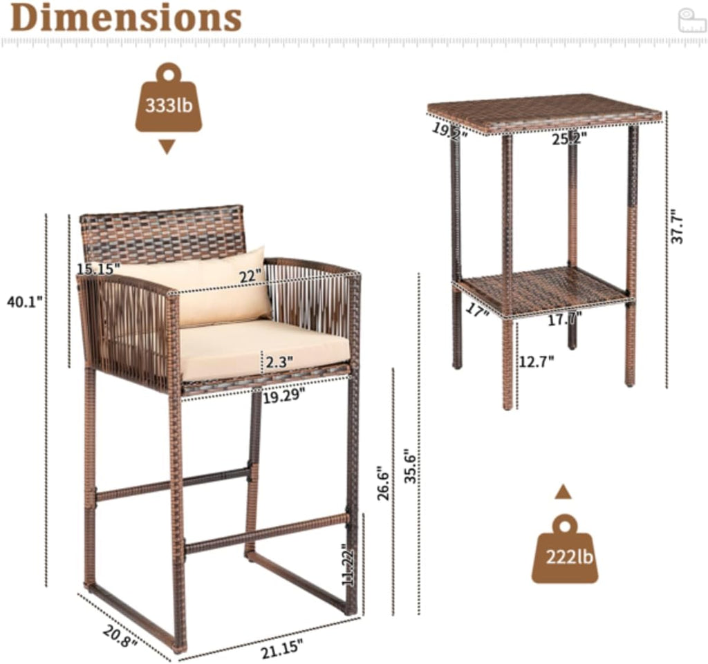 Outdoor 3 Piece Patio Bar Set, Bar Height Bistro Table Set for 2 People, High Top Wicker Bar Stools and Table Outdoor Bar Set with Cushions and Pillows, Brown Gradient Rattan & Beige Cushion