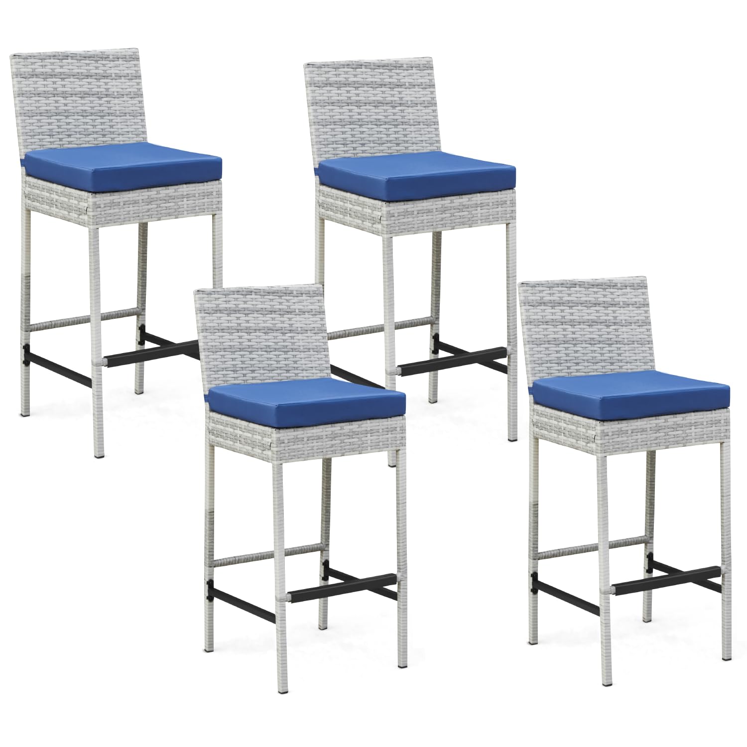 ECOTOUGE Rattan Bar Stools Set of 2, Outdoor Wicker Barstools Counter Height with Cushion for Lawn, Balcony, Garden, Black