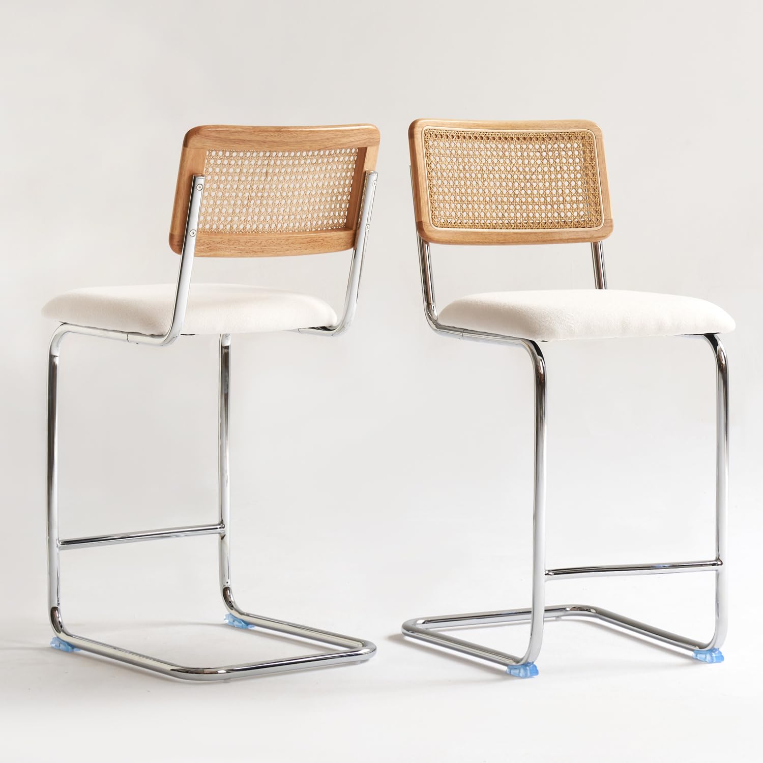 GrandNoor Natural Rattan Bar Stools Set of 2 with Solid Wood Back, 24 Inch Mid Century Modern Counter Height Stools, Green Upholstery Boho Stool for Kitchen Counter with Chrome Metal Legs