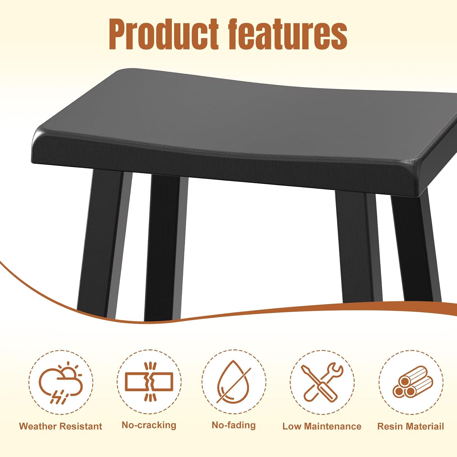 EFU Outdoor Bar Stools Set of 4,All-Weather Patio Stools & Bar Chairs, Heavy Duty Resin Saddle Stool with Protective Foot Pads,Waterproof 29 Inch Stool with Footrest for Deck,Balcony and Yard (Black)