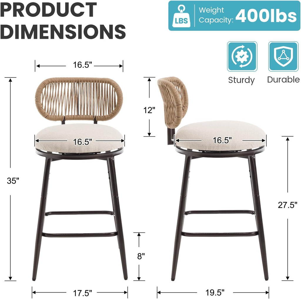 Outdoor Swivel Counter Bar Stools Set of 2, 360° Rope Counter Stools with Upholstered Seat, Metal Bar Chairs for Kitchen Island, Patio, Farmhouse, Boho, Beige