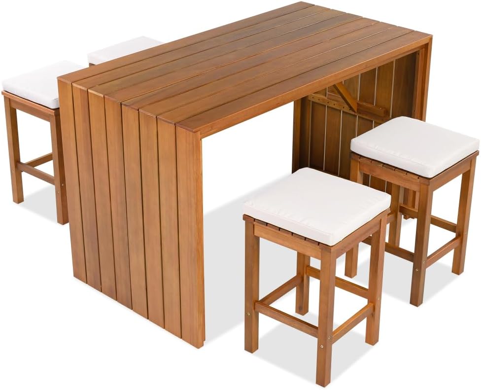 5-Piece Acacia Wood Patio Bar Table Set with 4 Beige Cushioned Stools