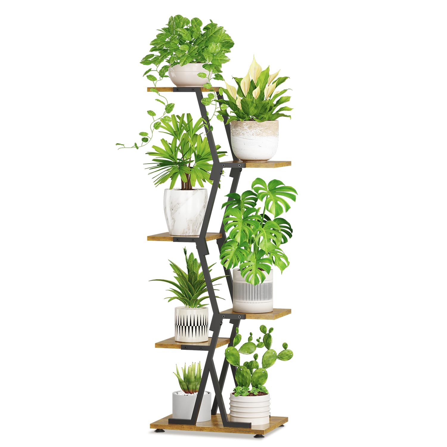 5-Tier Corner Plant Stand with Grow Light, Metal Wood Flower Rack for Indoor Balcony Display