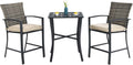 Tangkula 3 Piece Patio Bar Set, Outdoor Bistro Set w/ 27.5" Square Table, 2 Wicker Cushioned Chairs, Ergonomic Armrest & Backrest, All-Weather Rattan Furniture Set for Patio, Backyard, Garden