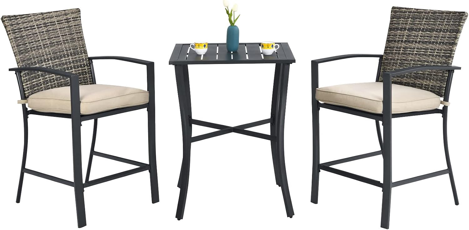 Tangkula 3 Piece Patio Bar Set, Outdoor Bistro Set w/ 27.5" Square Table, 2 Wicker Cushioned Chairs, Ergonomic Armrest & Backrest, All-Weather Rattan Furniture Set for Patio, Backyard, Garden