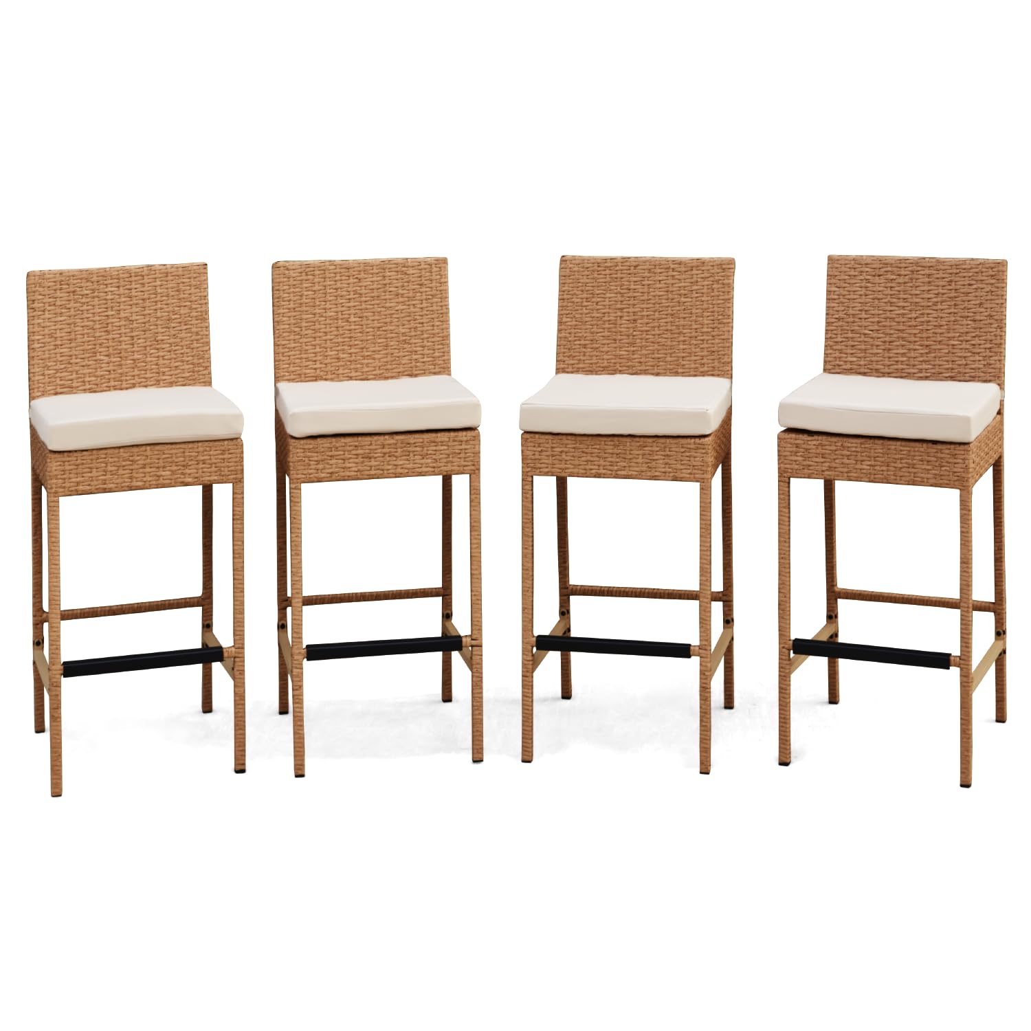 ECOTOUGE Rattan Bar Stools Set of 2, Outdoor Wicker Barstools Counter Height with Cushion for Lawn, Balcony, Garden, Black