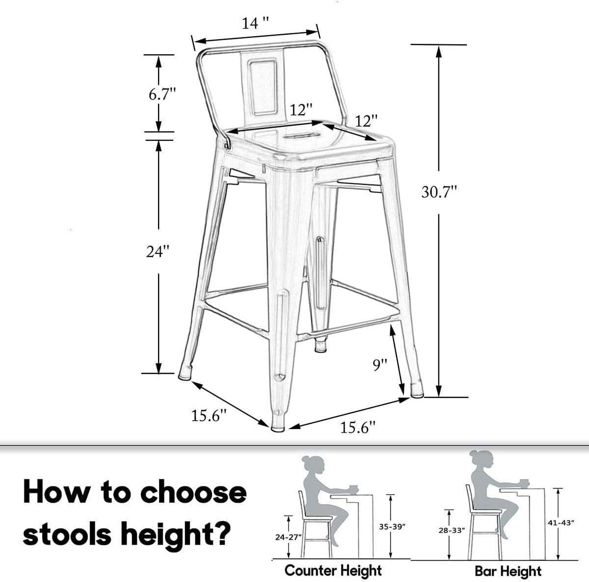 HAOBO Home Metal Bar Stools Set of 2 Low Back Counter Height Barstools 24" Industrial Barstool Patio Stool Metal Kitchen Stools Bar Chairs for Indoor Outdoor