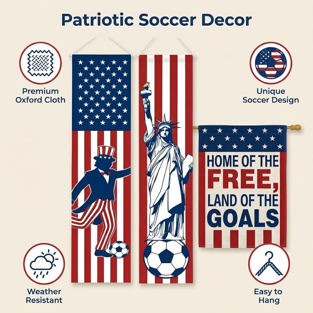 4th of July Decor Soccer Theme World Soccer Flag Porch Banners & Patriotic Garden Flags Set - Uncle Sam & Liberty American Flag Decor, Patriotic Decorations for Independence Day Outdoor Yard Sign (3 Pack)