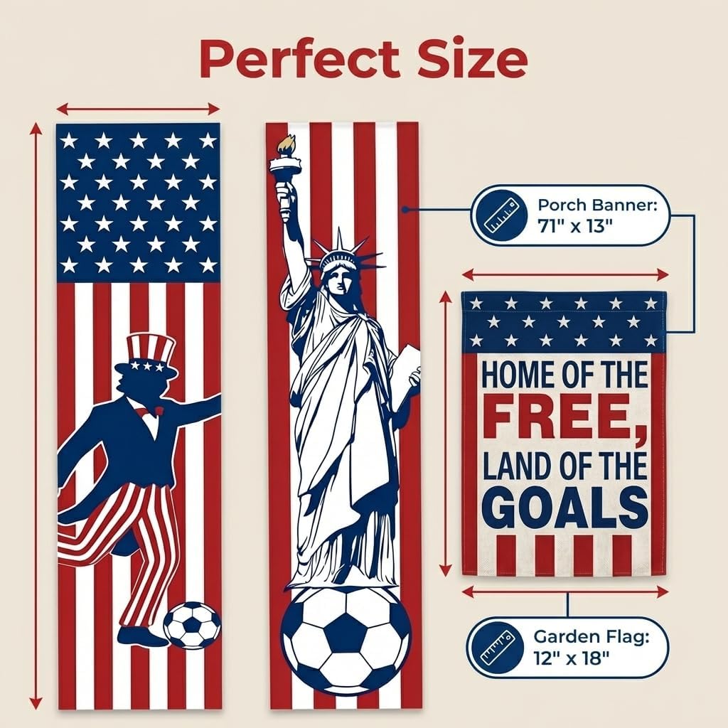 4th of July Decor Soccer Theme World Soccer Flag Porch Banners & Patriotic Garden Flags Set - Uncle Sam & Liberty American Flag Decor, Patriotic Decorations for Independence Day Outdoor Yard Sign (3 Pack)