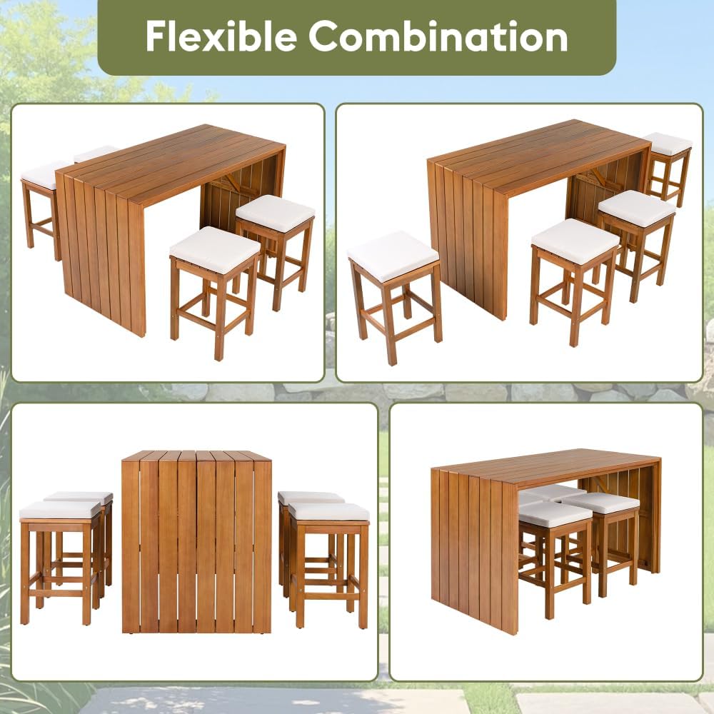 5-Piece Acacia Wood Patio Bar Table Set with 4 Beige Cushioned Stools