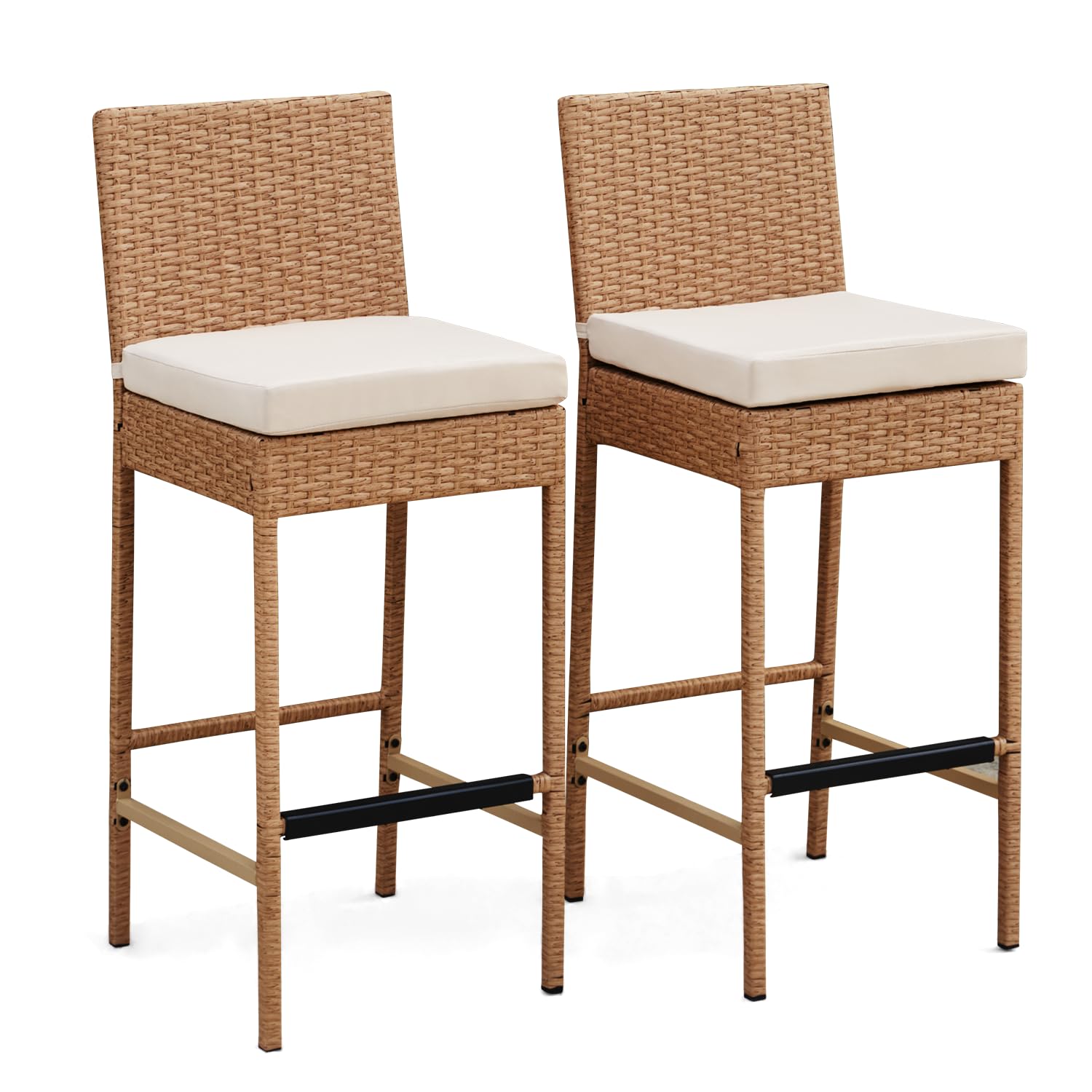 ECOTOUGE Rattan Bar Stools Set of 2, Outdoor Wicker Barstools Counter Height with Cushion for Lawn, Balcony, Garden, Black
