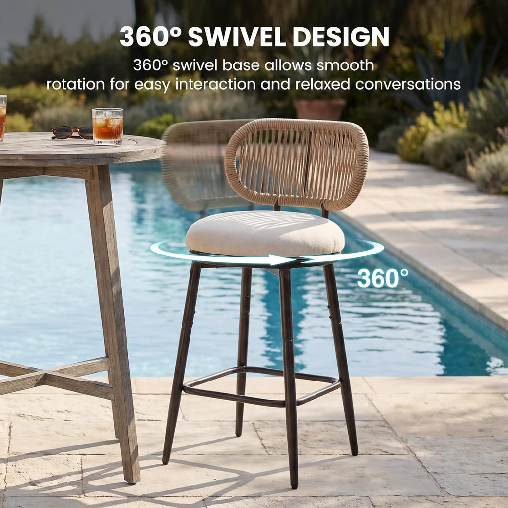 Outdoor Swivel Counter Bar Stools Set of 2, 360° Rope Counter Stools with Upholstered Seat, Metal Bar Chairs for Kitchen Island, Patio, Farmhouse, Boho, Beige