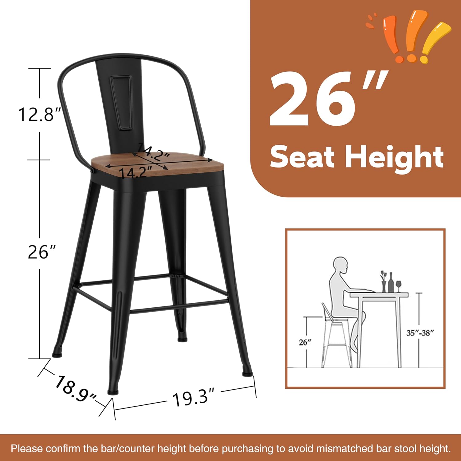 26 inch Bar Stools Set of 4, Black Metal High Back Counter Height Barstools with Large Wooden Seat Modern Farmhouse Kitchen Bar Chairs