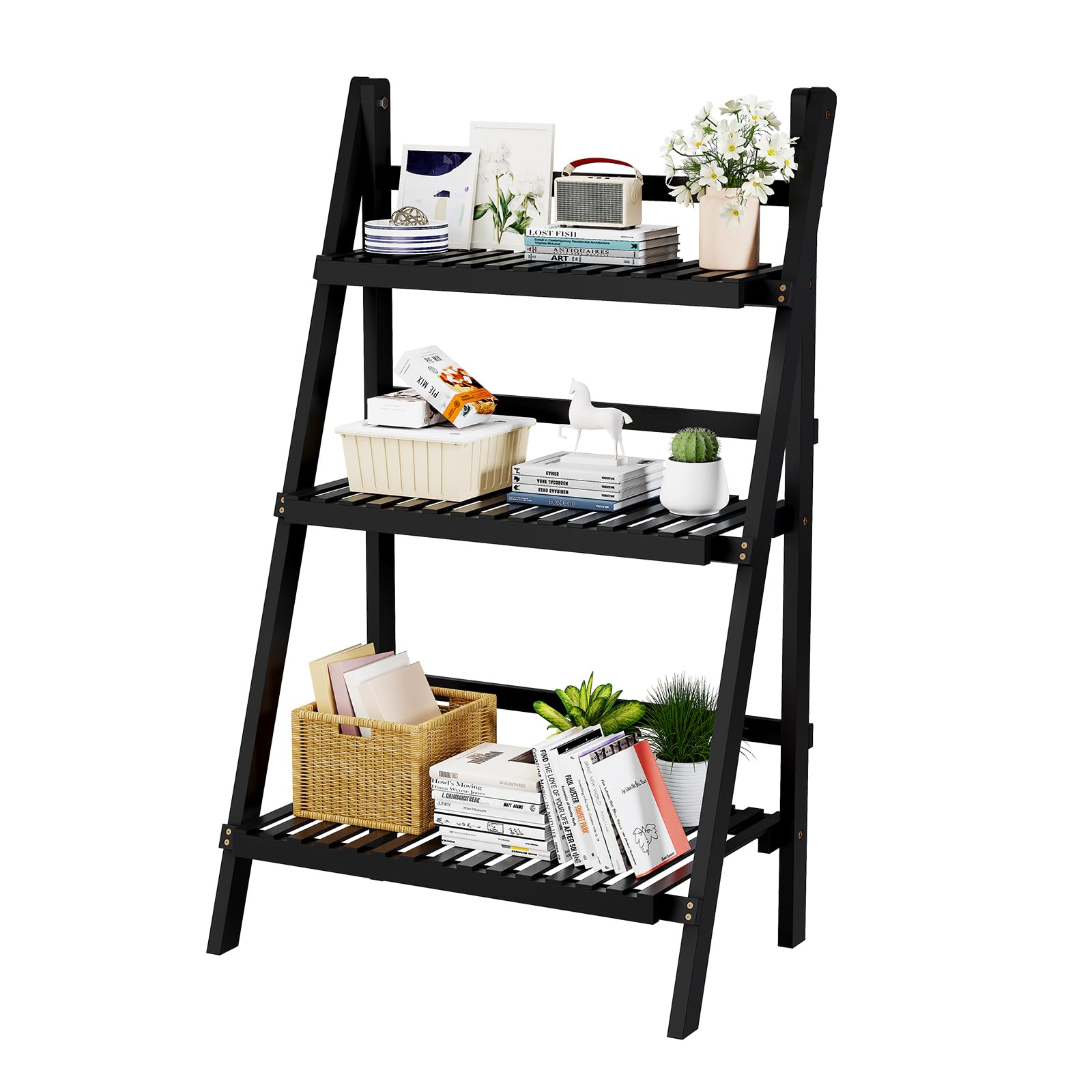 39.4" Bamboo Ladder Shelf Plant Shelf, 3 Tier Foldable Ladder Flower Pot Display Shelf Rack, 23.6"W x 15"D x 39.4"H, Freestanding Bookshelf for Garden, Balcony, Yard, Patio, Lawn, Living Room, Walnut