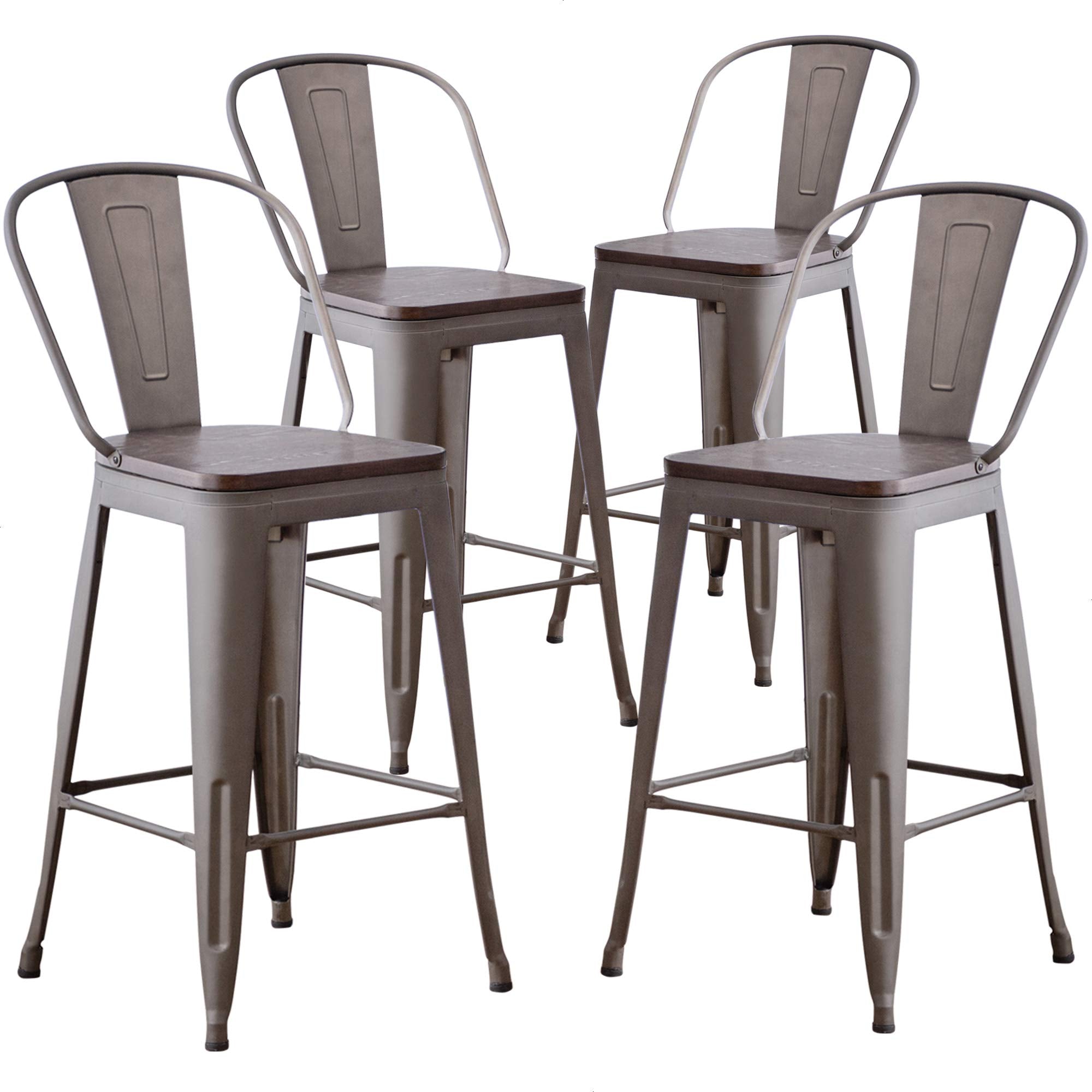 Aklaus Metal Bar Stools Set of 4,24 inch Barstools Counter Height BarStools with Backs Farmhouse Bar Stools with Larger seat High Back Kitchen Dining Chairs Modern Bar Chairs Matte Black Stool
