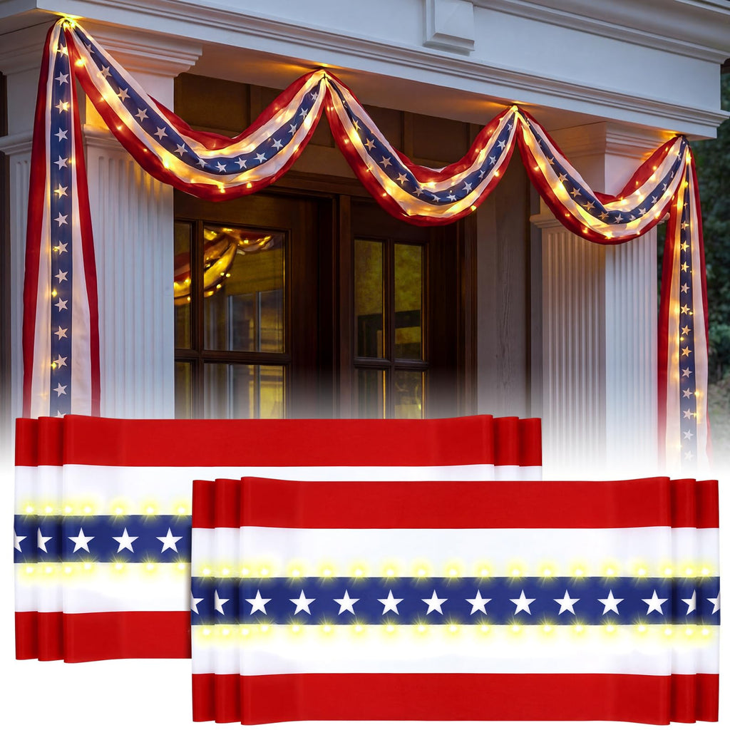 Tegeme 2 Pack 20 ft x 1.6 ft Lighted American Bunting Flag 4th of July Decor Red White Blue Patriotic Banner American Flag Lights for 250th Anniversary Independence Day Outside Yard Decor(Stripes)