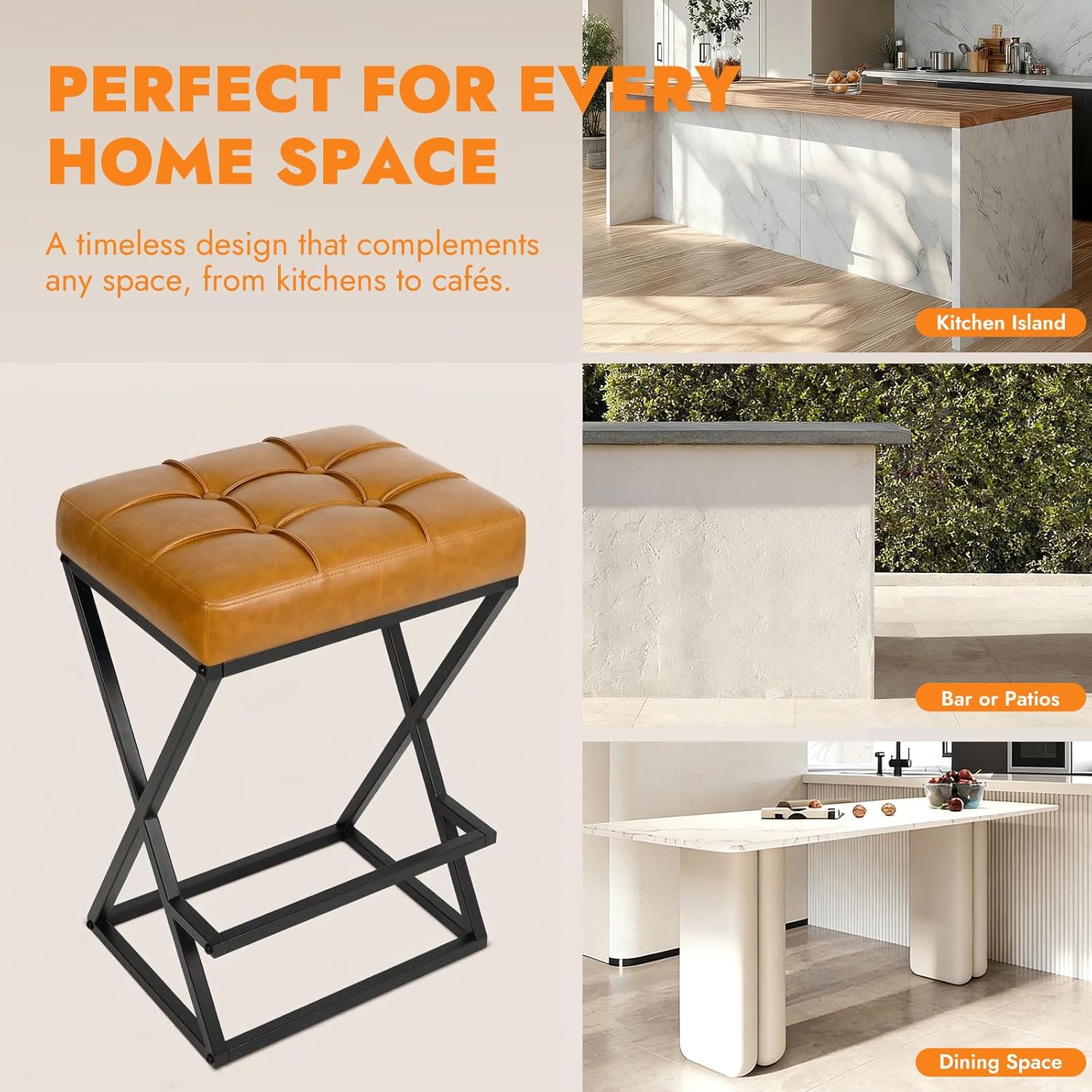 2 Pack Walnut Brown Faux Leather Backless Counter Stools with Metal X Frame Legs
