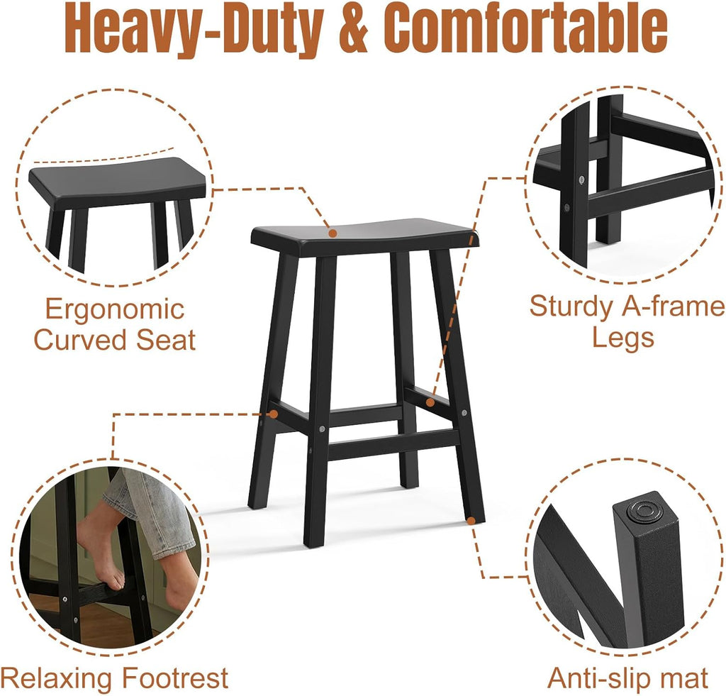 EFU Outdoor Bar Stools Set of 4,All-Weather Patio Stools & Bar Chairs, Heavy Duty Resin Saddle Stool with Protective Foot Pads,Waterproof 29 Inch Stool with Footrest for Deck,Balcony and Yard (Black)