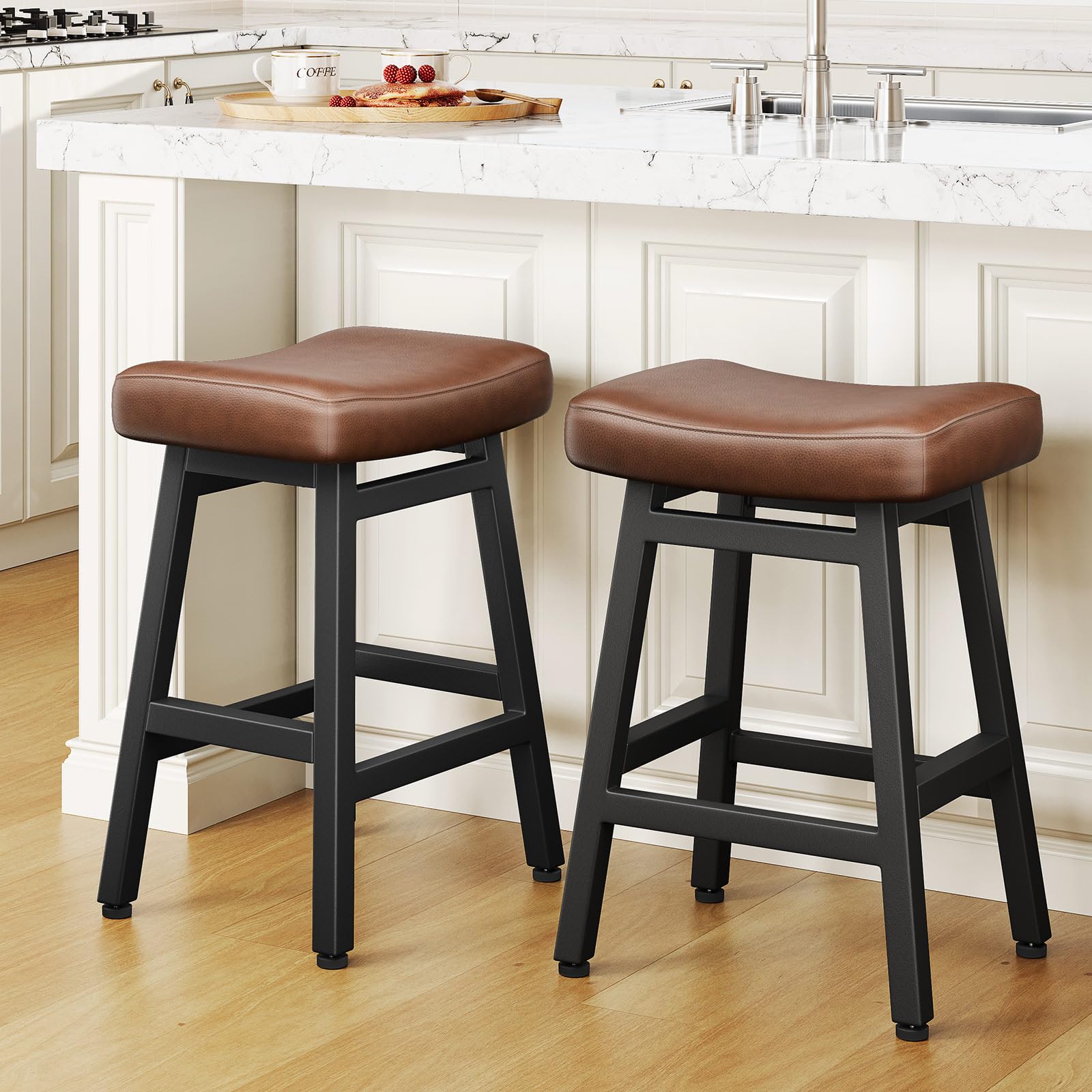 Raynesys Counter Height Bar Stools Set of 2, 24 Inch Barstools for Kitchen Counter, Kitchen Stools with Bonded Leather Saddle Seats & Heavy Duty Metal Legs, Easy Assembly, All Black