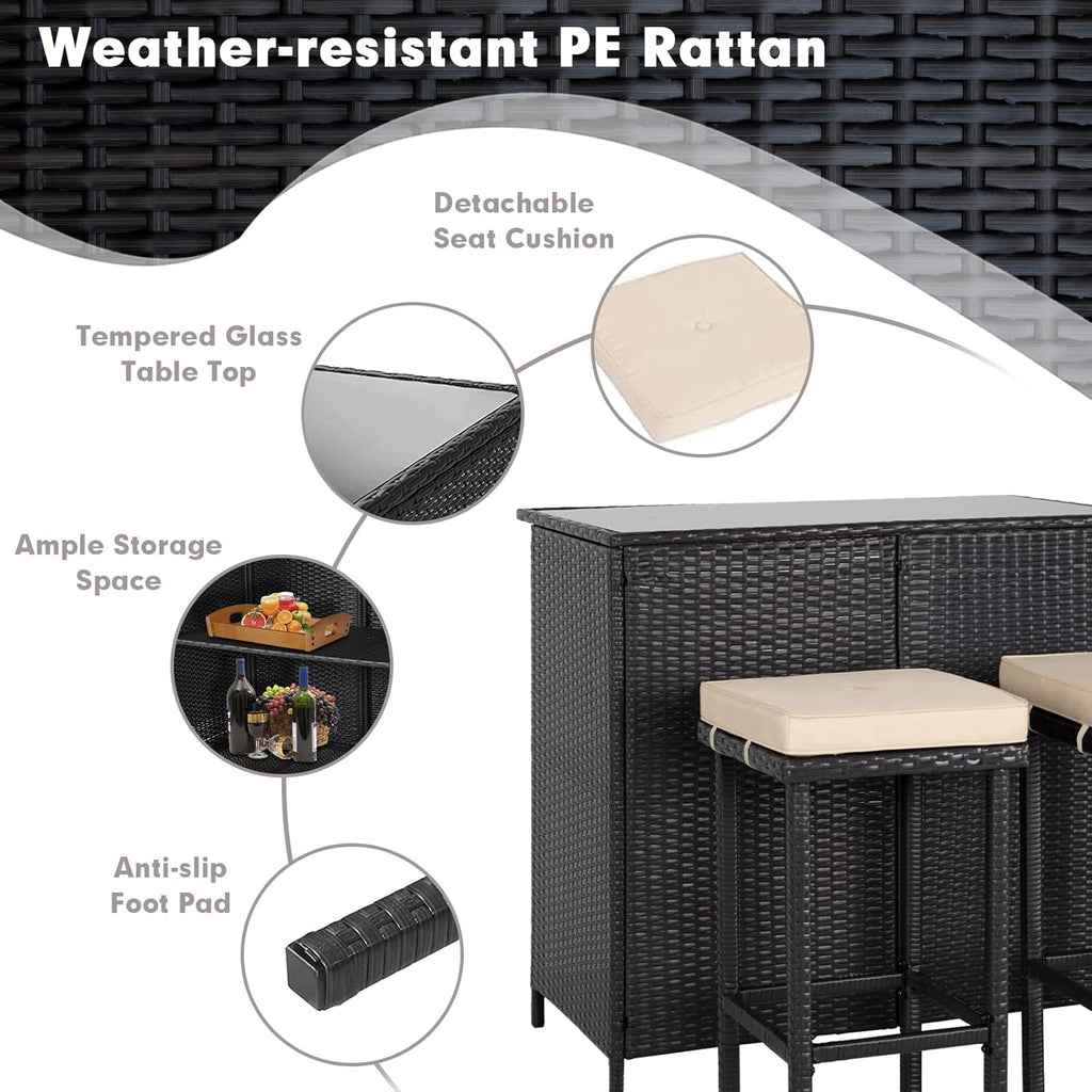 3-Piece Brown Wicker Outdoor Bar Bistro Set with Glass Table & 2 Stools