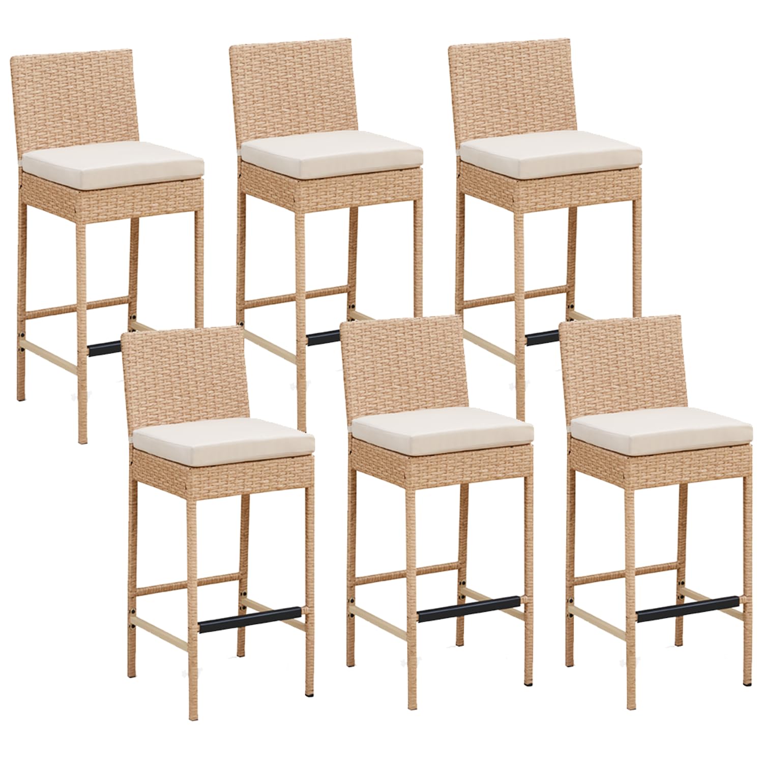 ECOTOUGE Rattan Bar Stools Set of 2, Outdoor Wicker Barstools Counter Height with Cushion for Lawn, Balcony, Garden, Black