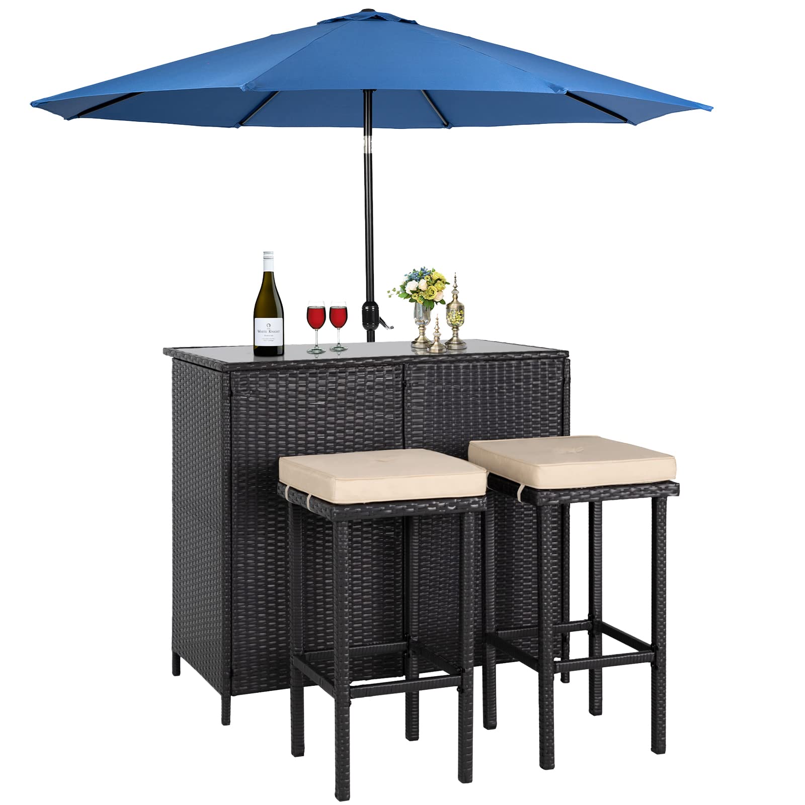 3-Piece Brown Wicker Outdoor Bar Bistro Set with Glass Table & 2 Stools
