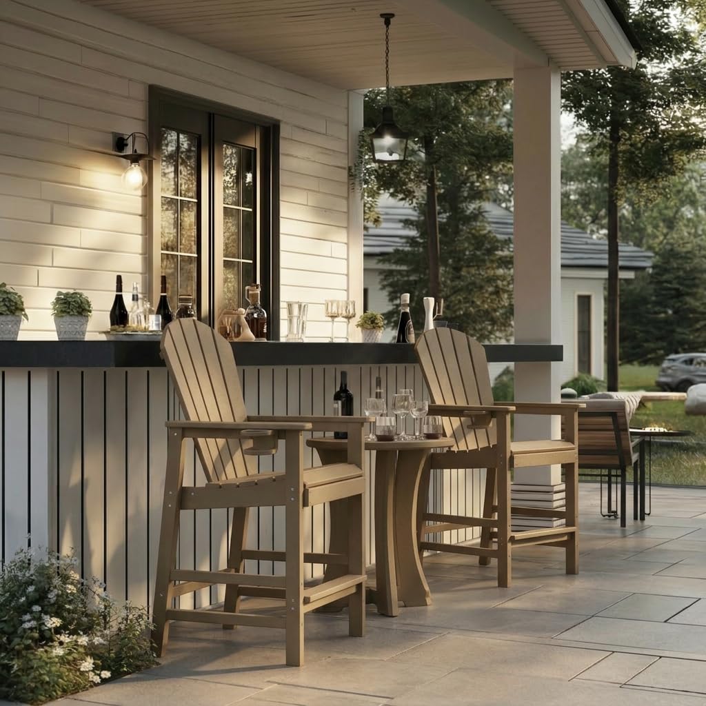 WILLIAMSPACE Patio Bar Table Set of 5, Outdoor Wicker Height Bar Table & 4 Chairs with Cushions & Wood Tabletop, Bistro Set for Backyards Porches (Brown+Grey)