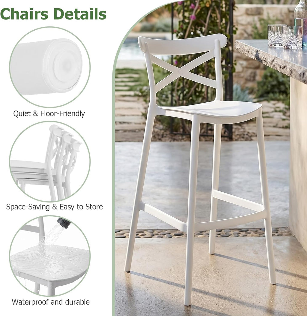 4 Pack White Stackable 30" Plastic Bar Stools with Backs Indoor Outdoor Use...