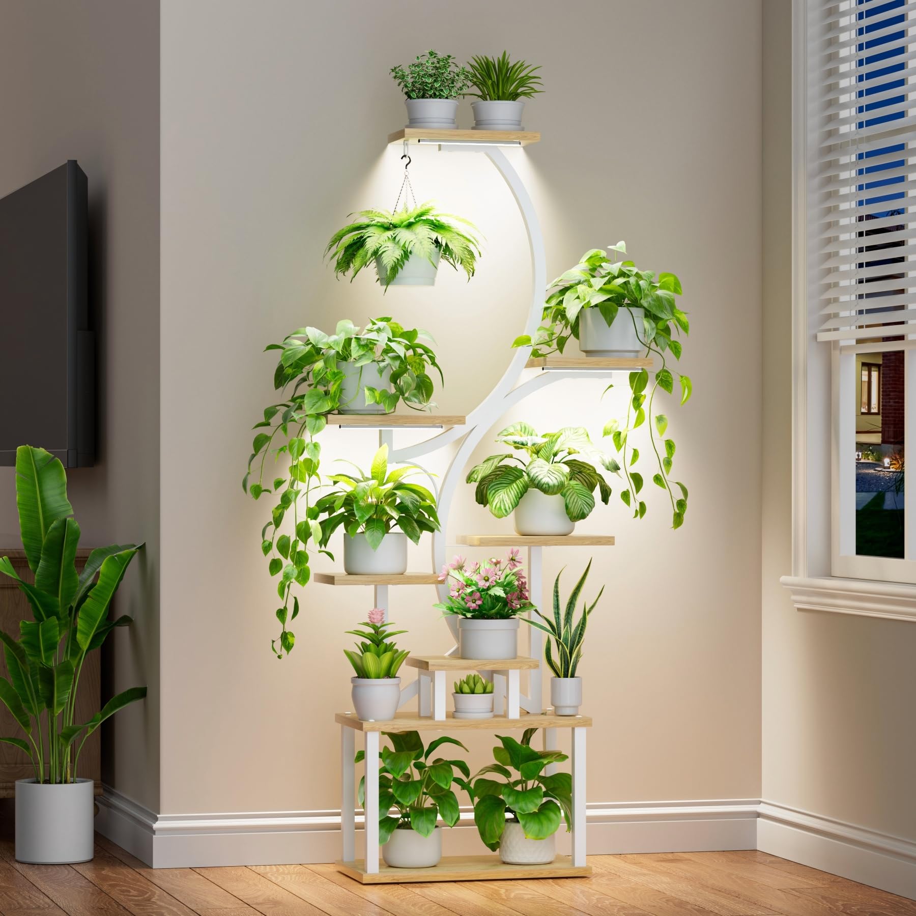 Plant Stand with Grow Lights for Indoor Plants, 8-Tiered Tall Corner Plant Shelf with Full Spectrum Light, S-Shaped Space-Saving Narrow Flower Holder, Anti-Tip for Living Room Bedroom Office, Brown