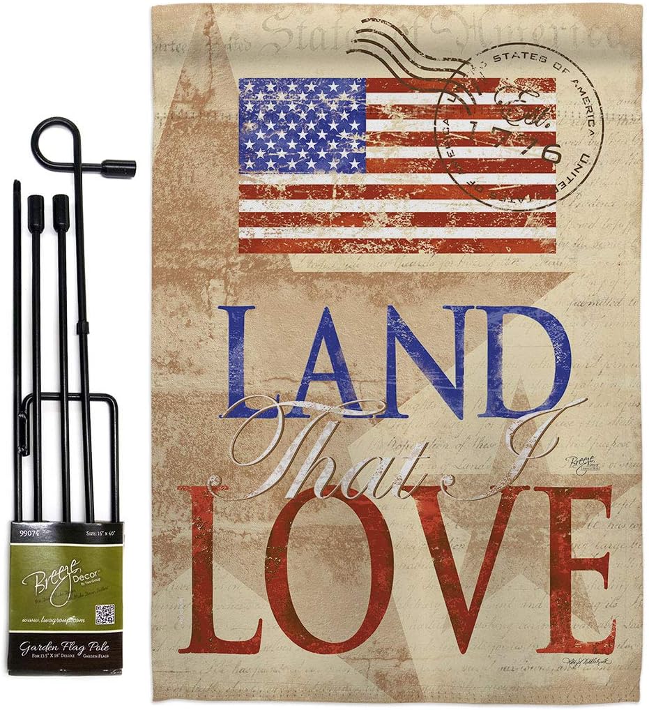 Breeze Decor Land That I Love Garden Flag Set with Stand Star and Stripes Patriotism Independence Memorial United State American House Banner Small Yard Gift Double-Sided, Made in USA