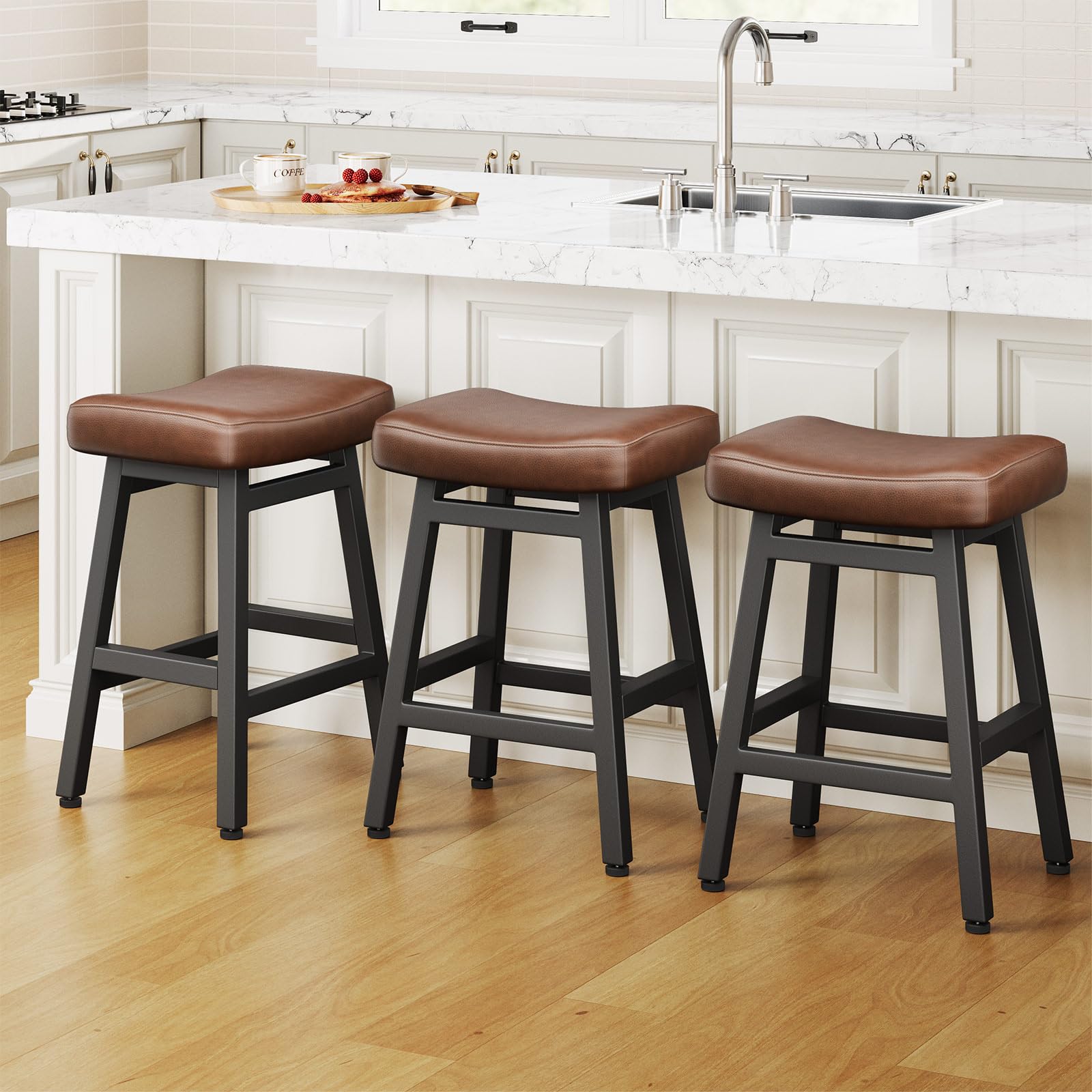 Raynesys Counter Height Bar Stools Set of 2, 24 Inch Barstools for Kitchen Counter, Kitchen Stools with Bonded Leather Saddle Seats & Heavy Duty Metal Legs, Easy Assembly, All Black