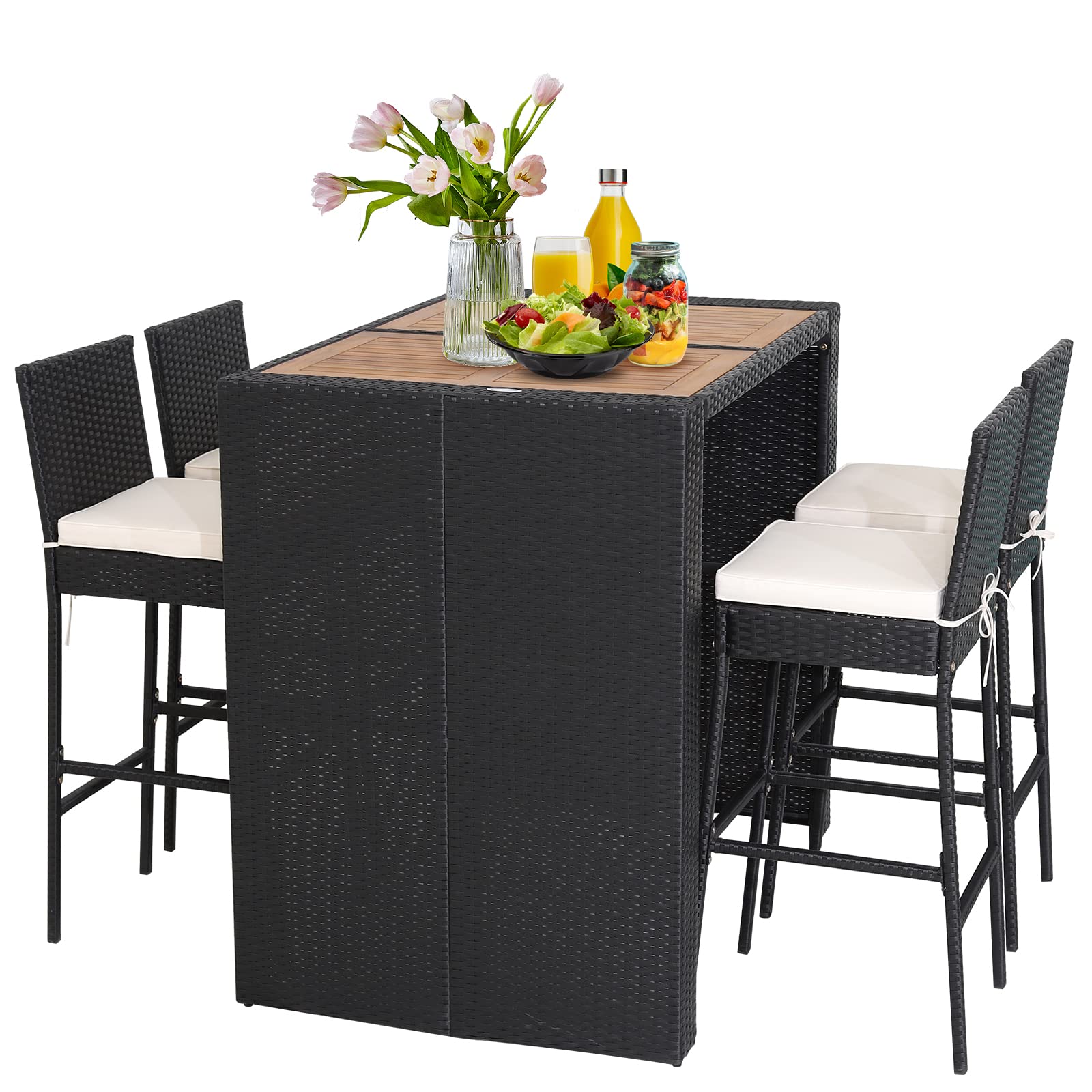 Tangkula 5 Piece Patio Wicker Bar Set, Patiojoy Outdoor Acacia Wood Bar Height Table & 4 Rattan Bar Stool Chairs with Backrest and Footrest, Outdoor Dining Bistro Set